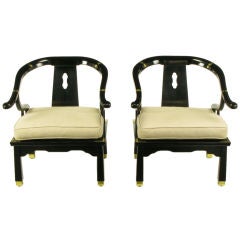 Pair Black Lacquer & Linen Asian Style Lounge Chairs