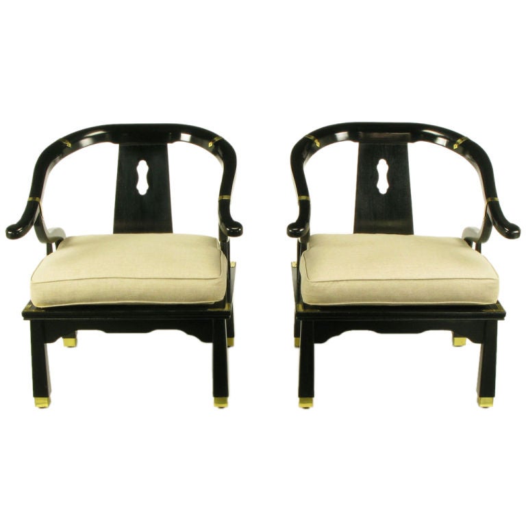 Pair Black Lacquer & Linen Asian Style Lounge Chairs