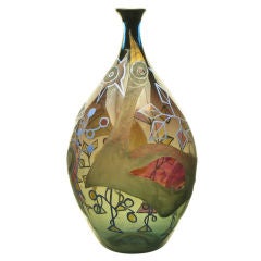 Italian Acid Etched & Hand Painted Abstract Smoked Glass Vase