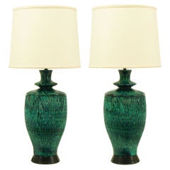 Pair Large Ribbed Green & Blue Drip Glaze Table Lamps