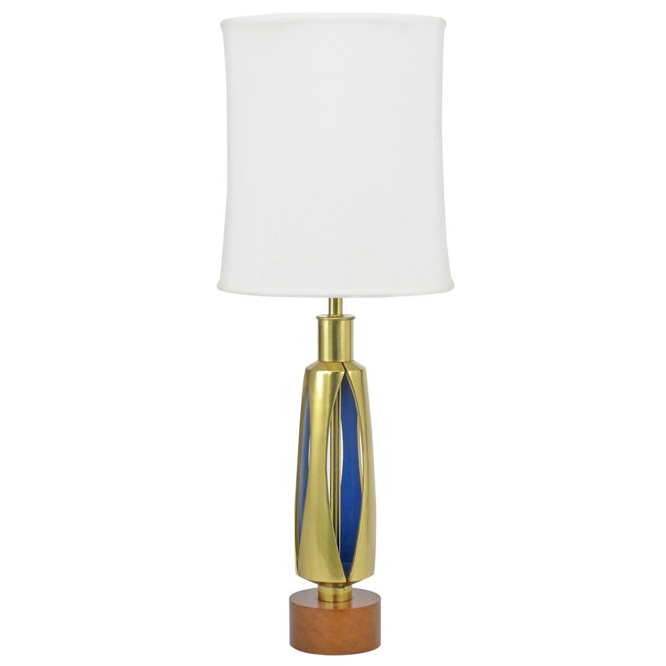 Rembrandt Brass and Azure Blue Table Lamp For Sale