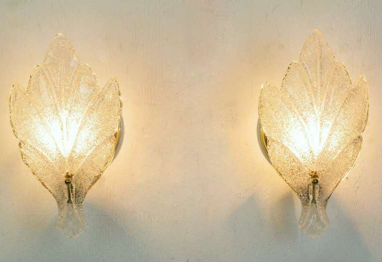 Pair of Murano glass wall sconces consisting of a single stylized maple leaf and a circular brass wall plate with a single socket and mount. Similar in style, quality and size to sconces by Barovier & Toso that feature Murano glass lead