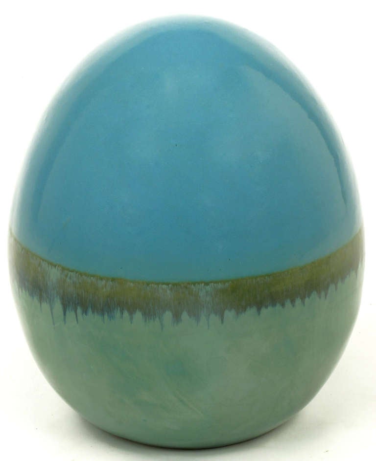 Glazed Cadet Blue and Seafoam Green Banded Pottery Egg