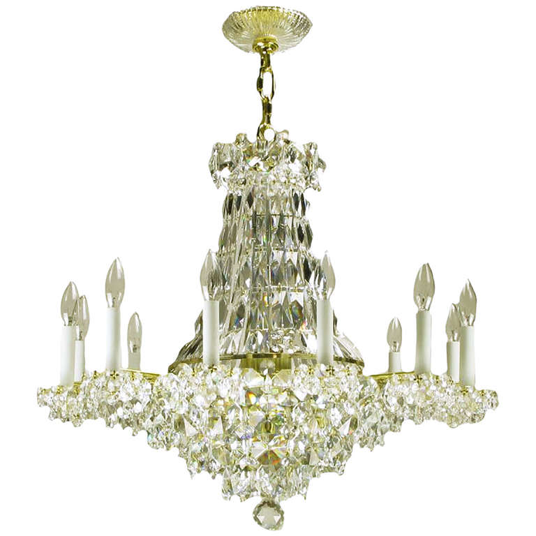 Art Deco Revival Brass, Crystal and Mirror Twelve-Arm Chandelier