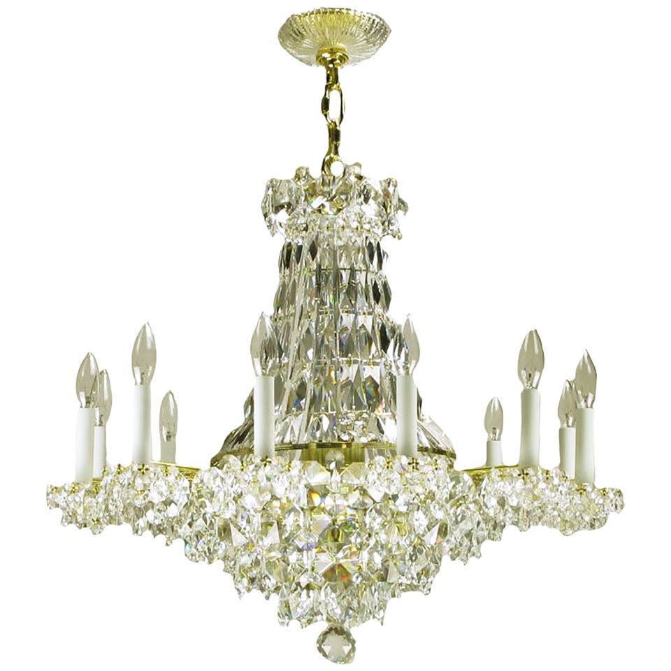 Art Deco Revival Brass, Crystal and Mirror Twelve-Arm Chandelier For Sale