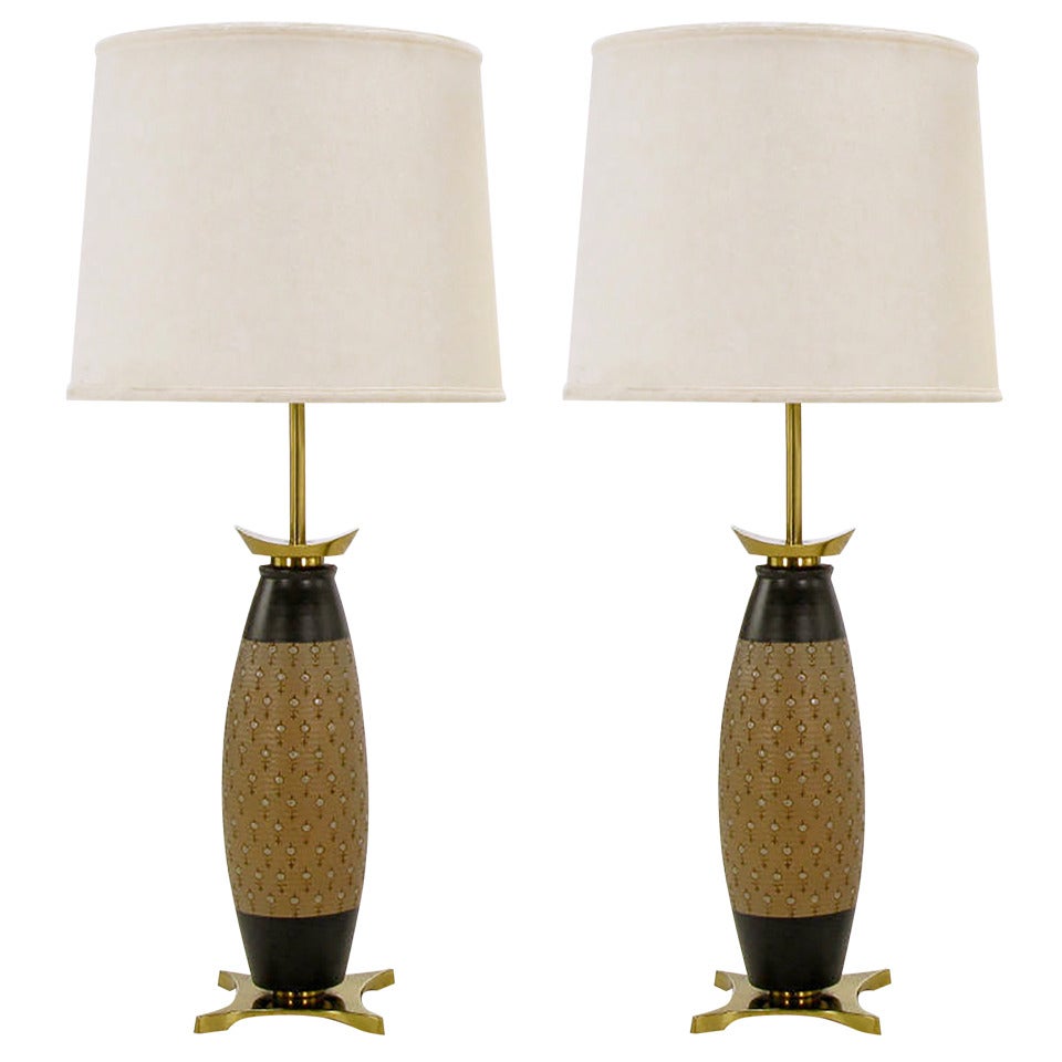 Pair of Stiffel Hand Thrown and Incised Pottery Table Lamps