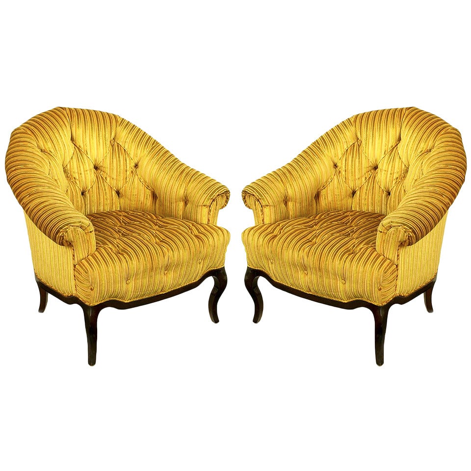 Pair of Interior Crafts Button-Tufted Barrel-Back Lounge Chairs