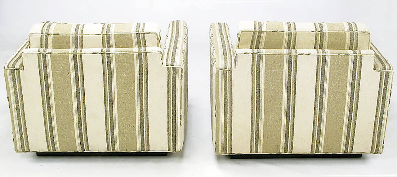 American Pair of 1960s Cube Chairs in Taupe Striped Cotton Upholstery