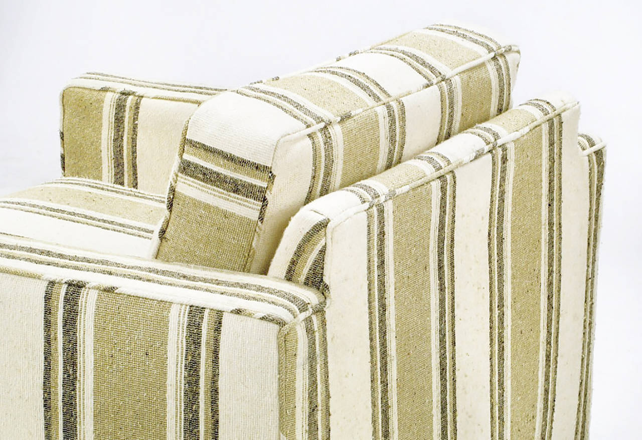 Pair of 1960s Cube Chairs in Taupe Striped Cotton Upholstery 2