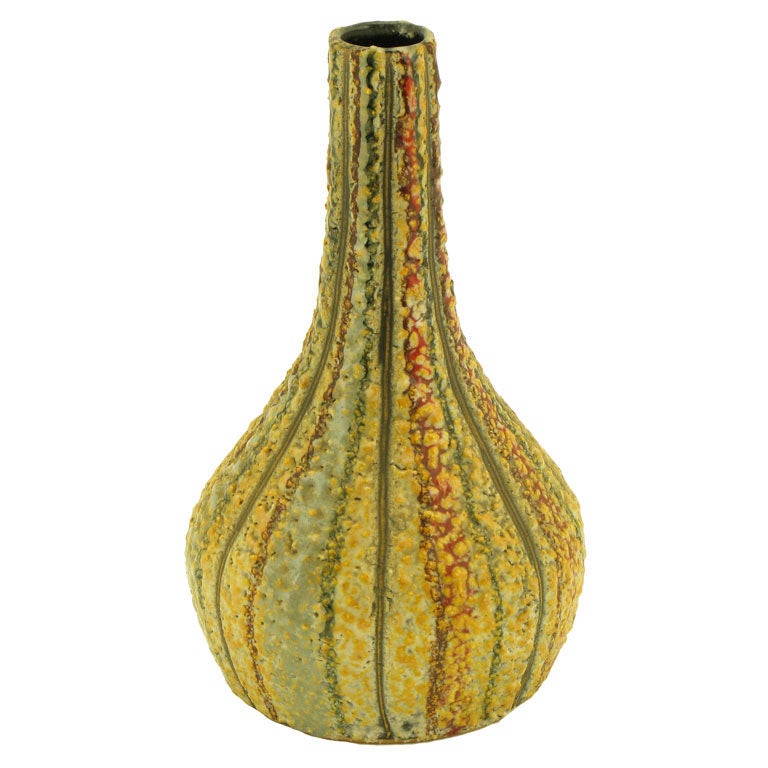 Signed Italian Lava Glazed & Incised Pottery Vase