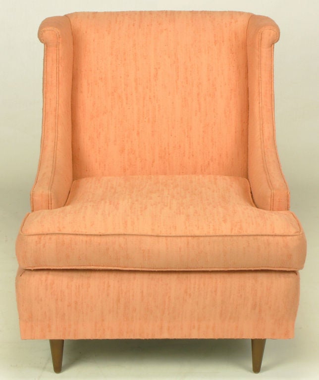Wood Pair Textured Coral Silk Deep Seated Low Wing Chairs