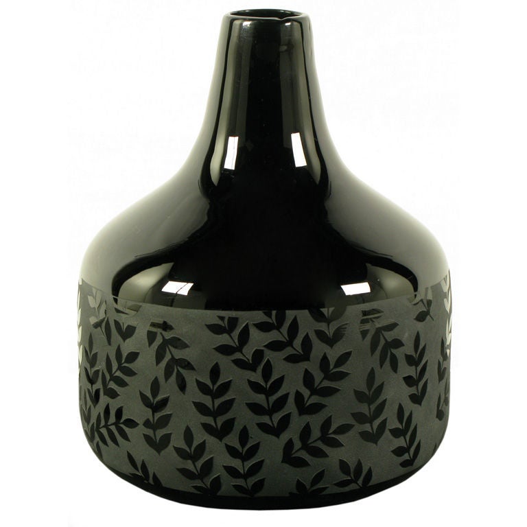 Acid Etched Laurel Leaf Black Glass Vase