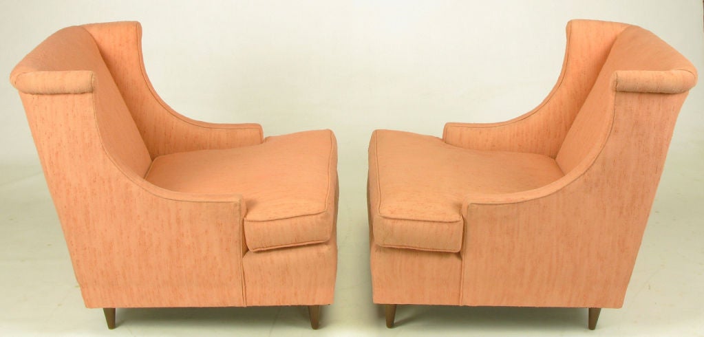 American Pair Textured Coral Silk Deep Seated Low Wing Chairs