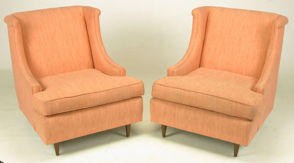 Mid-20th Century Pair Textured Coral Silk Deep Seated Low Wing Chairs
