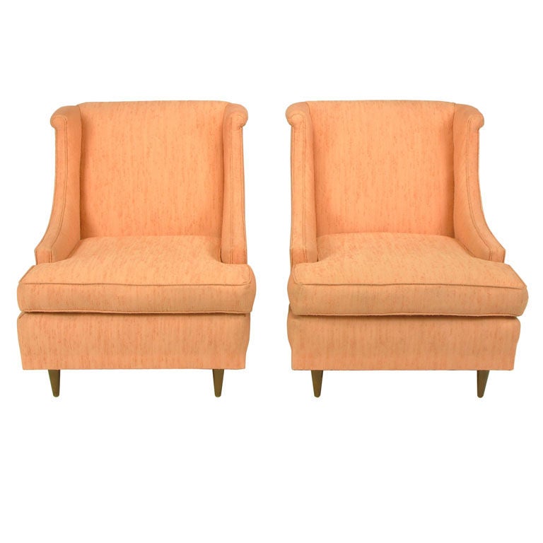Pair Textured Coral Silk Deep Seated Low Wing Chairs