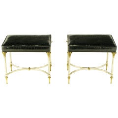 Pair Italian Brushed Nickel & Brass Benches In Patent Alligator