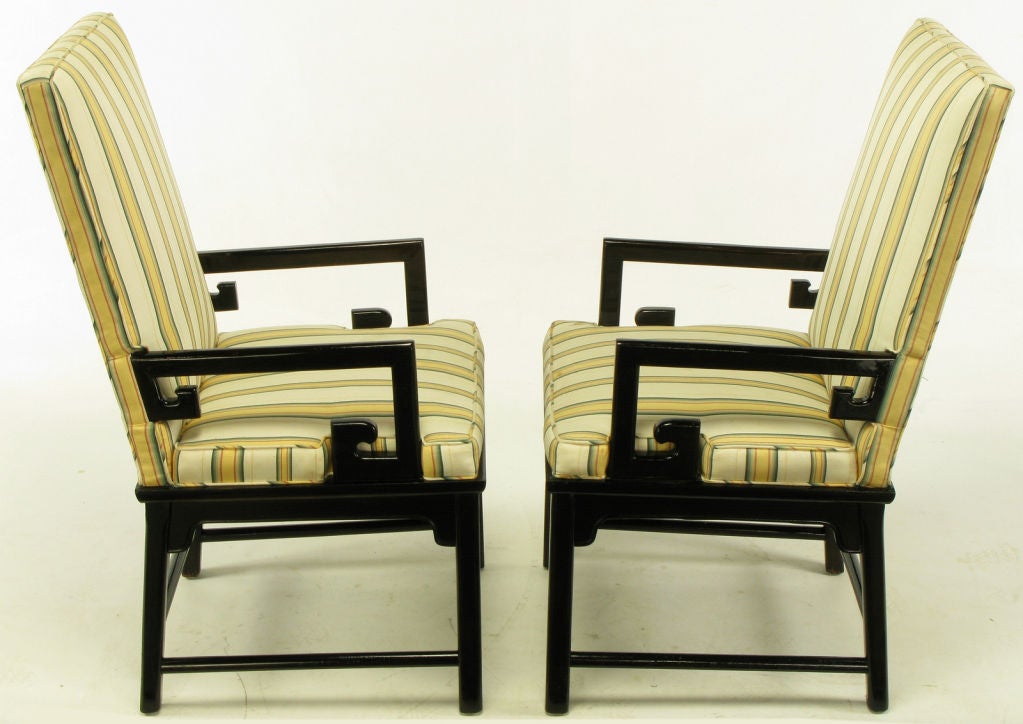 20th Century Pair Michael Taylor Ebonized Mahogany Greek Key Arm Chairs