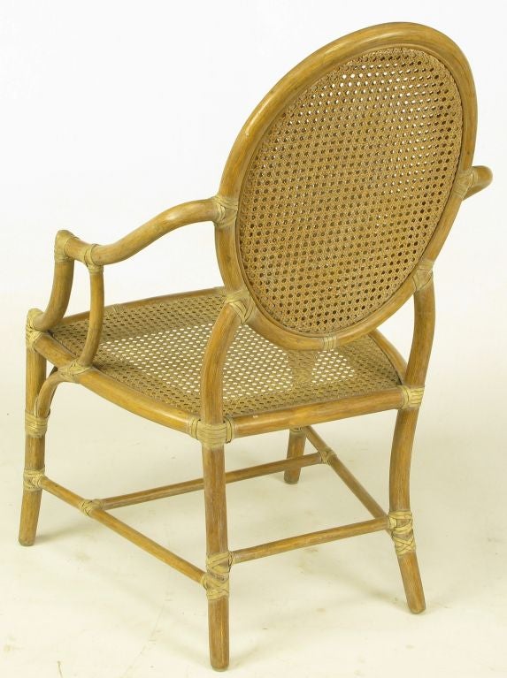 Late 20th Century Set Six McGuire Rattan & Cane Louis XVI Inspired Dining Chairs.