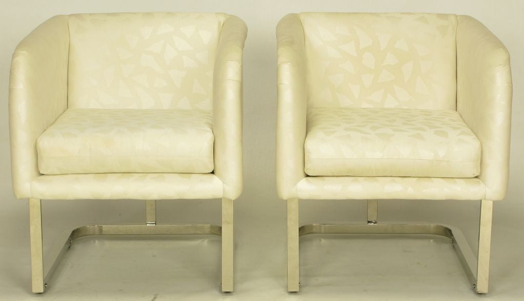 Pair Milo Baughman Nickel & Chintz Abstract Print Club Chairs