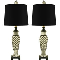 Pair Milk Glass & Black Lacquered Fretted Iron Frame Table Lamps