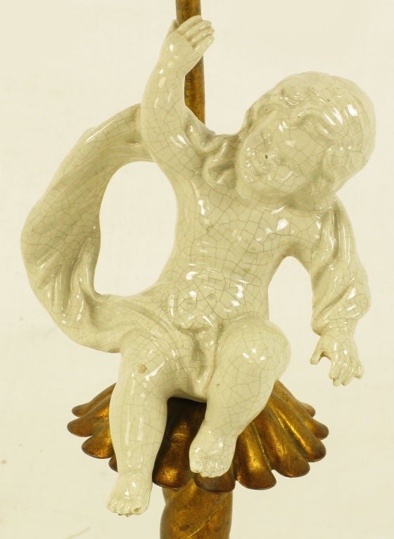 Italian Neoclassical Gilt Tole Metal, Crystal & Putto Table Lamp For Sale 1