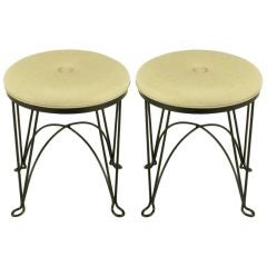 Pair Round Wrought Iron 
Linen Stools In The Style Of Salterini