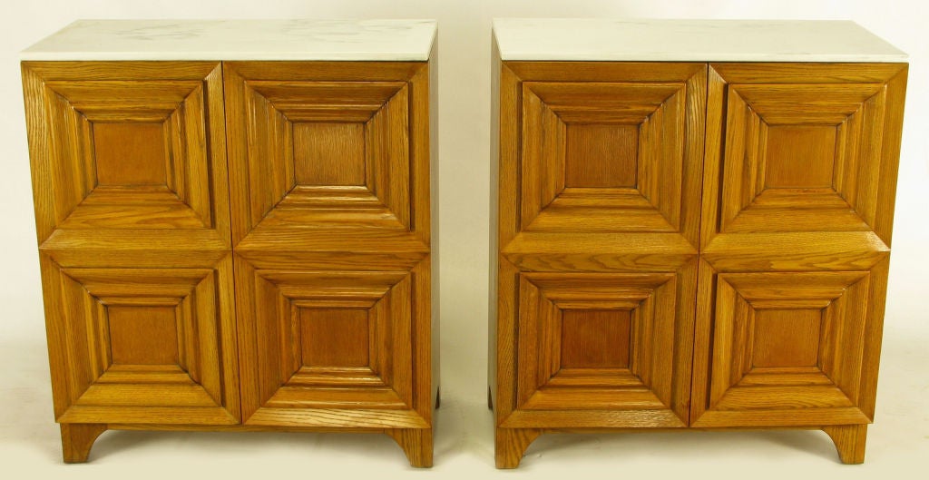 Pair Solid White Oak Carved Four Panel Front Commodes