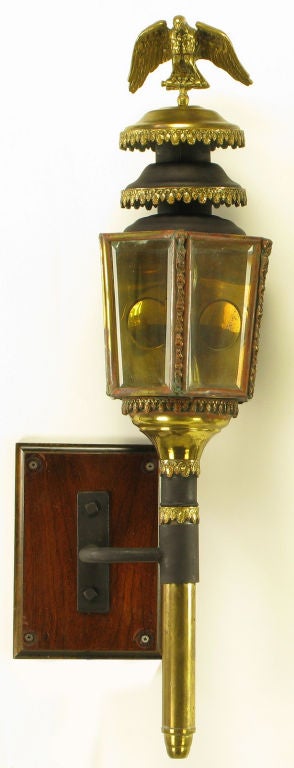 American Pair Late 1800s Converted Coach Lights With Brass Eagles
