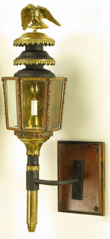 19th Century Pair Late 1800s Converted Coach Lights With Brass Eagles