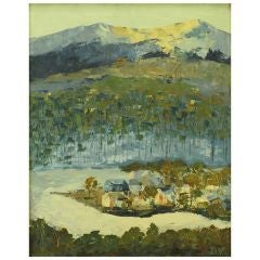 Signed Oil On Board Abstract Of Village & Mountains 7