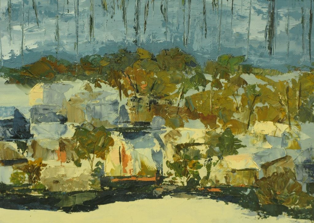 Óleo sobre tabla firmado Abstracto de pueblo y montañas Estadounidense en venta