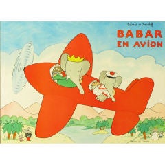 Vintage Laurent de Bruenhoff "Babar En Avion" Mounted Print