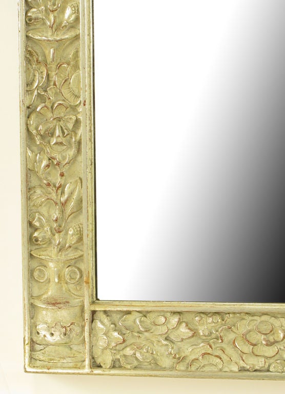 American Art Deco Carved & Silver Leafed Wood Mirror