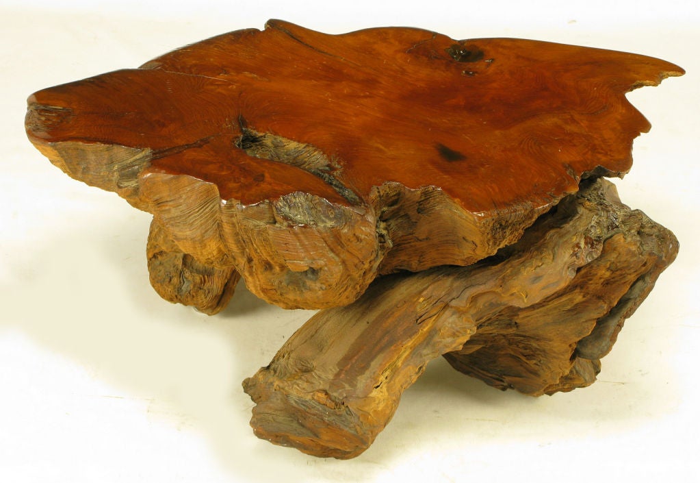 Thick burled sculptural redwood live edge side table with redwood root base. Classic naturalist modern.  Good size for an end table or a smaller and taller coffee table.