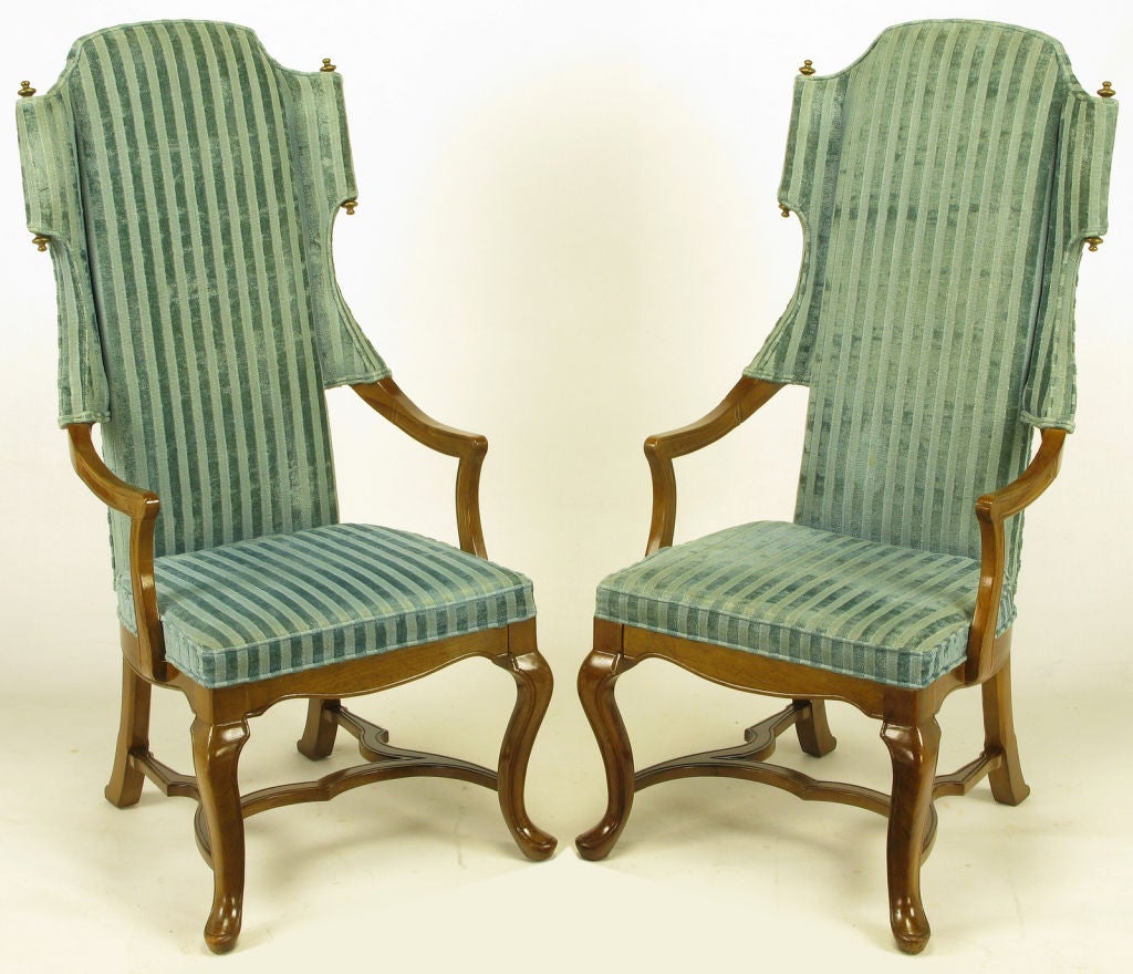 American Tall Scrolled Wing Arm Chairs In Cut Velvet With Brass Finials