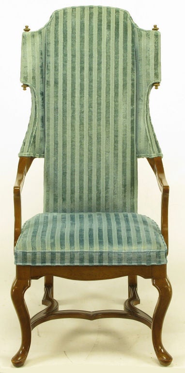 Tall Scrolled Wing Arm Chairs In Cut Velvet With Brass Finials 1