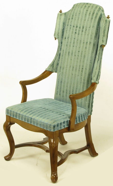 Tall Scrolled Wing Arm Chairs In Cut Velvet With Brass Finials 2