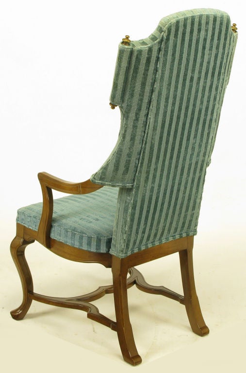 Tall Scrolled Wing Arm Chairs In Cut Velvet With Brass Finials 3