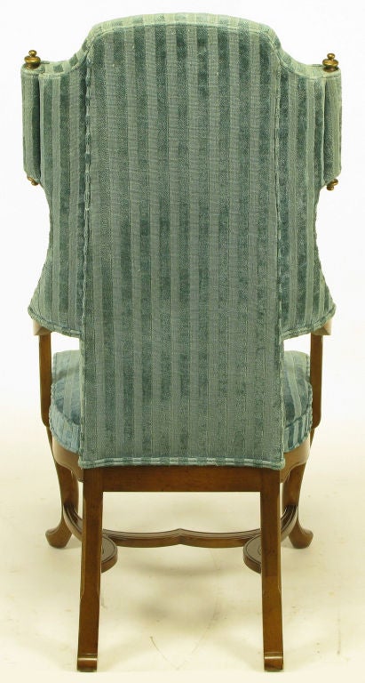 Tall Scrolled Wing Arm Chairs In Cut Velvet With Brass Finials 4