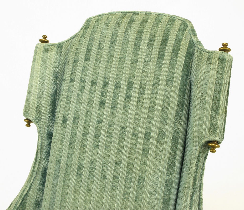 Tall Scrolled Wing Arm Chairs In Cut Velvet With Brass Finials 5