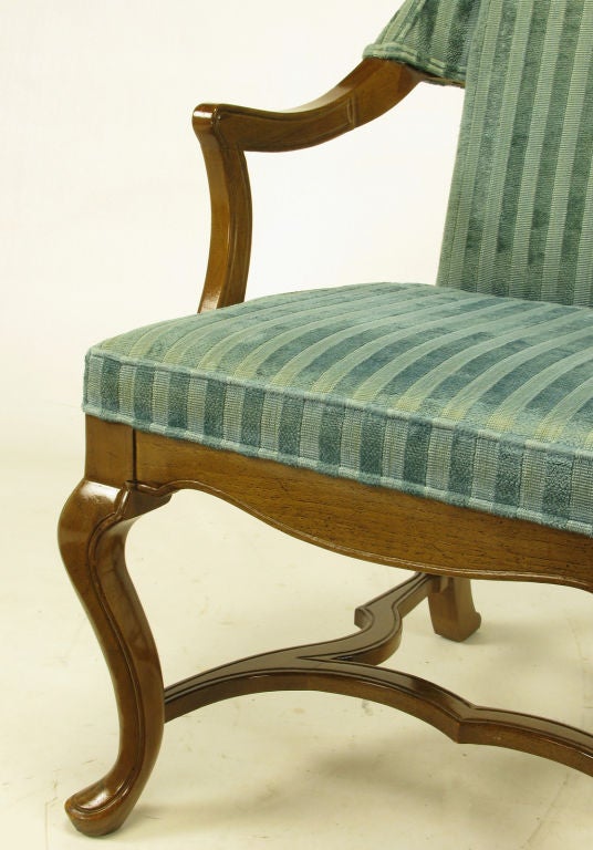 Tall Scrolled Wing Arm Chairs In Cut Velvet With Brass Finials 6