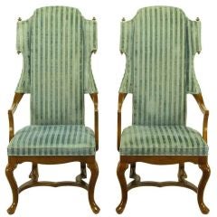 Vintage Tall Scrolled Wing Arm Chairs In Cut Velvet With Brass Finials