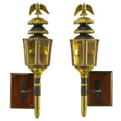 Pair Late 1800s Converted Coach Lights With Brass Eagles