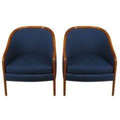 Pair Ward Bennett Walnut & Wool Lounge Chairs
