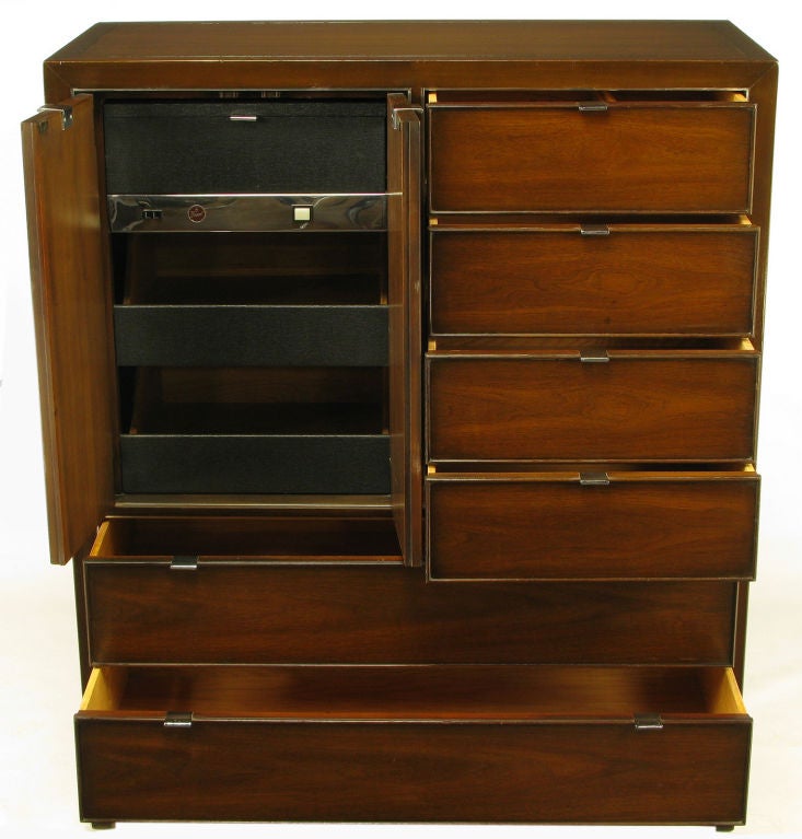 Unexpected walnut and chromed metal six drawer gentleman's chest from Drexel's 