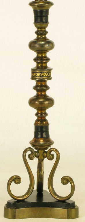 American Brass & Black Leather Baluster Form Table Lamp For Sale