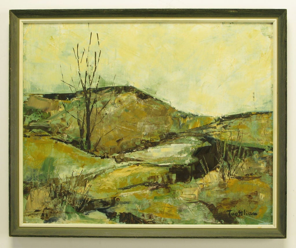 Impressionist oil on canvass of a stark, rocky landscape in browns, teal, gold and blue. Signed Tootelian. Stamped 