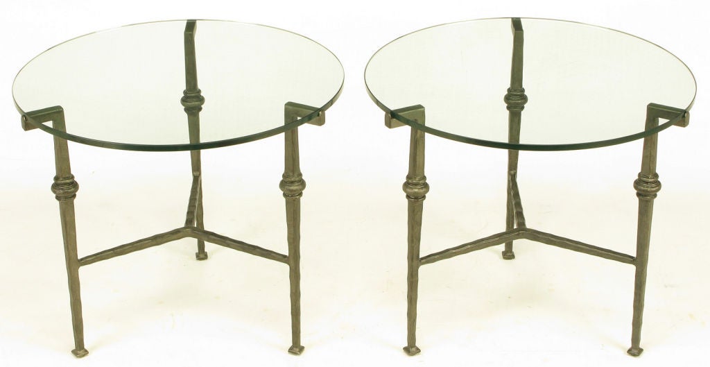 Pair Round Giacometti-Style Hammered Iron & Glass End Tables