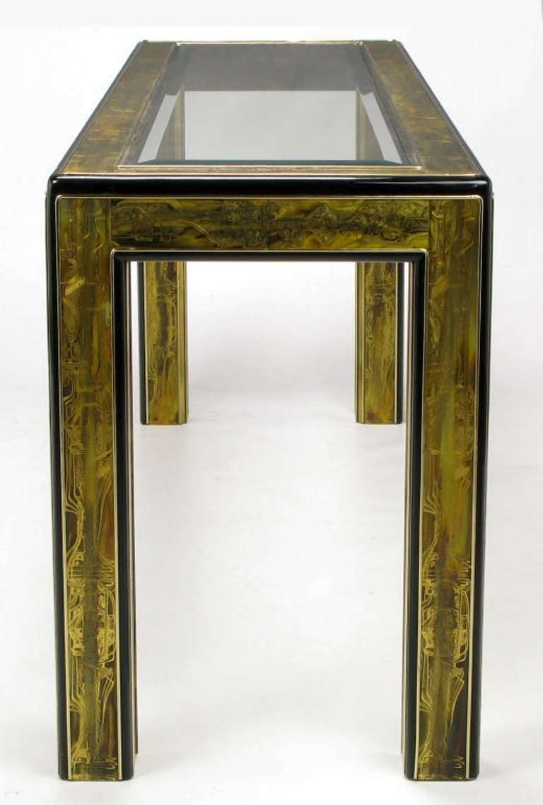 American Bernhard Rohne Acid Etched Brass Console Table By Mastercraft