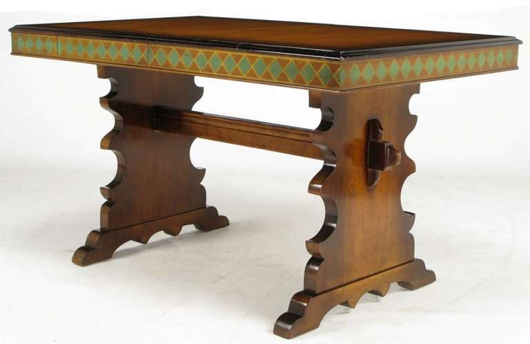American Germanic Hand Painted Harlequin Pattern Maple Trestle Table For Sale
